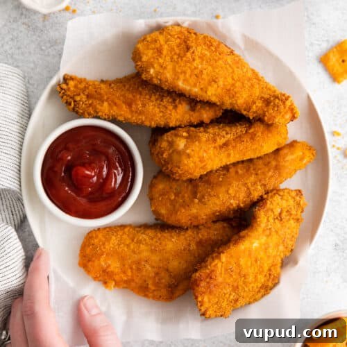 Crunchy Cheez-It Breaded Chicken Tenders Recipe 2 Cheez-it breaded chicken fingers.