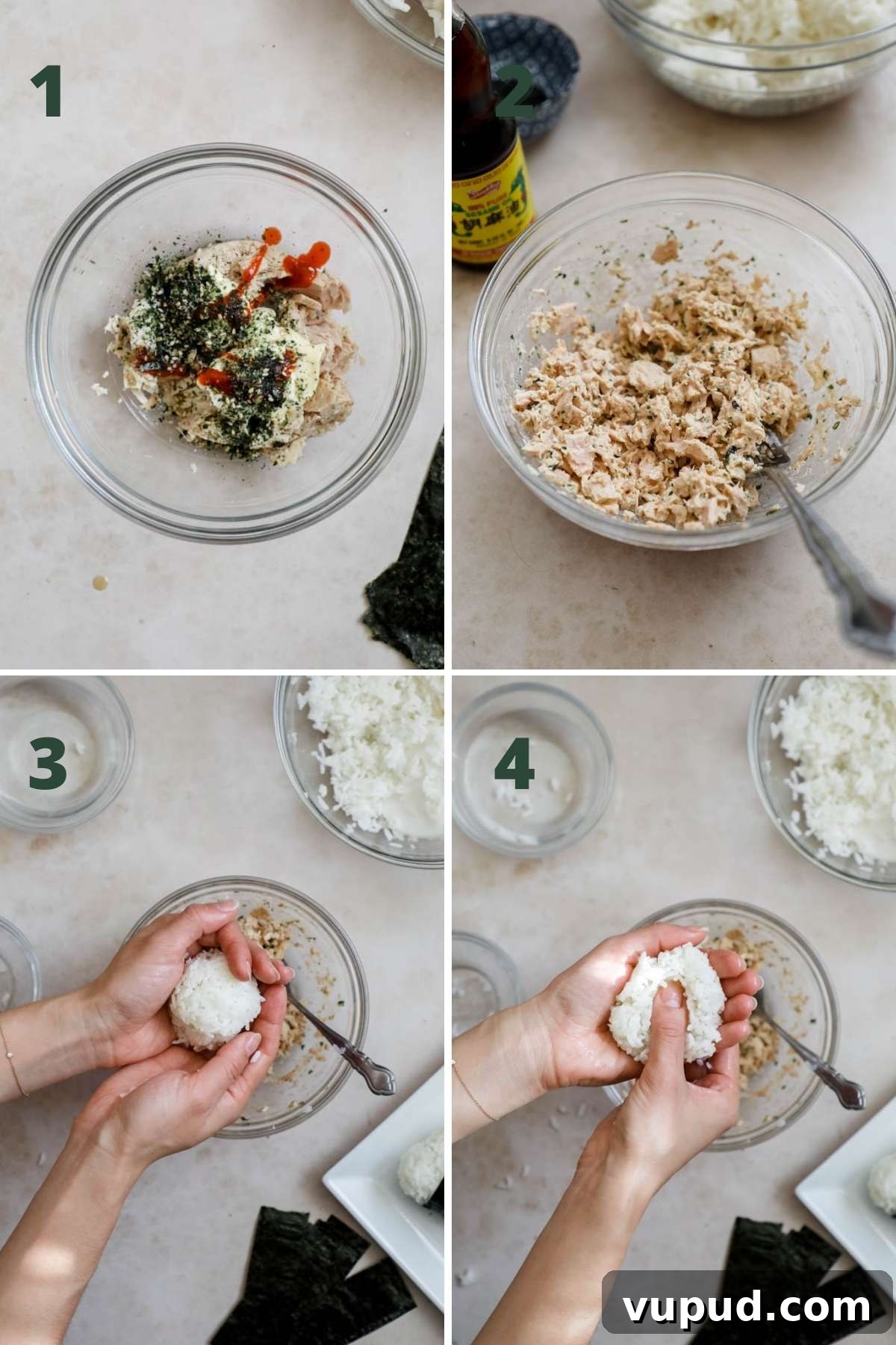 Spicy Tuna Onigiri Recipe — Authentic Japanese Rice Balls 4 Steps to make spicy tuna Onigiri.