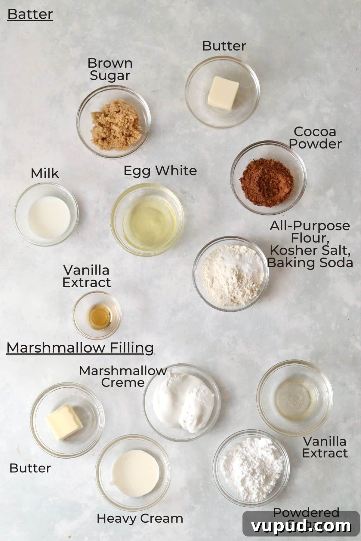 Mini Whoopie Pie Recipe for One — Small Batch Dessert 3 Ingredients to make small batch whoopie pies in small glass bowls.
