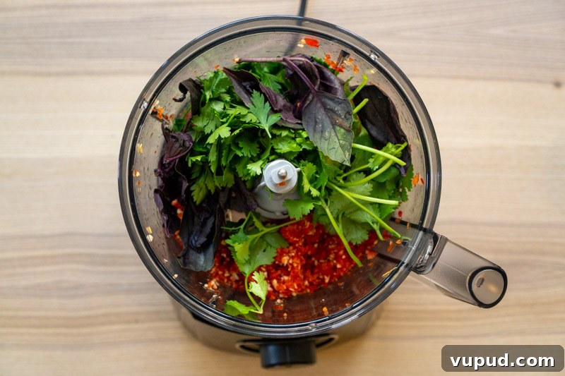 Georgian Adjika: Abkhazian & Megrelian Spicy Chilli Paste Recipe 5 Adding the herbs to the food processor