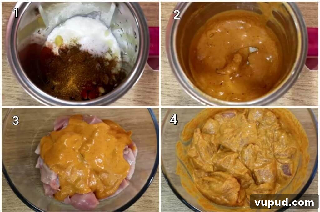 Dishoom’s Chicken Ruby Recipe: Rich Bombay-Style Chicken Curry 5 collage image of 4 steps of making chicken marinade for dishoom's chicken ruby recipe.