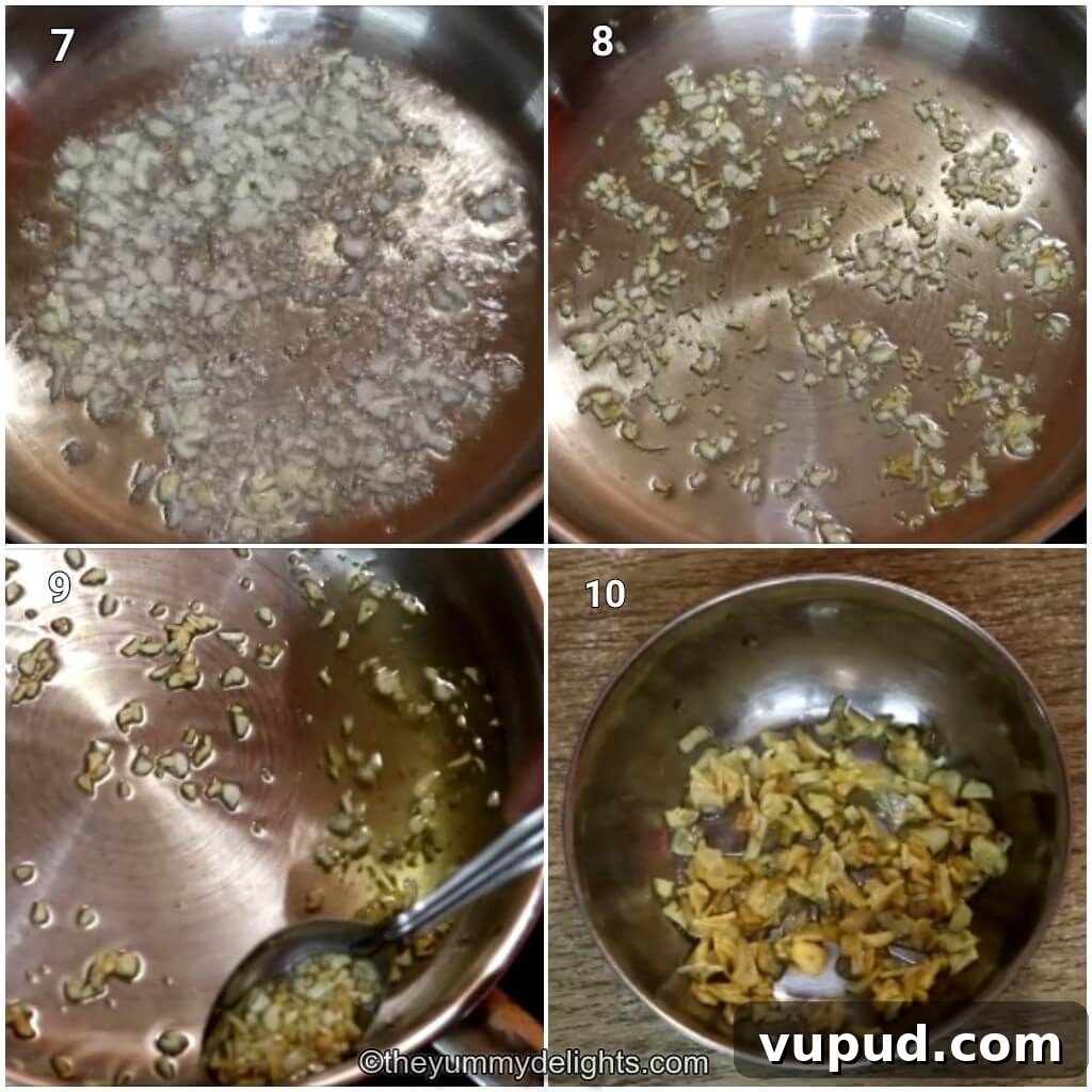 Dishoom’s Chicken Ruby Recipe: Rich Bombay-Style Chicken Curry 6 Collage image of 4 steps showing frying the garlic to make dishoom's chicken ruby curry.