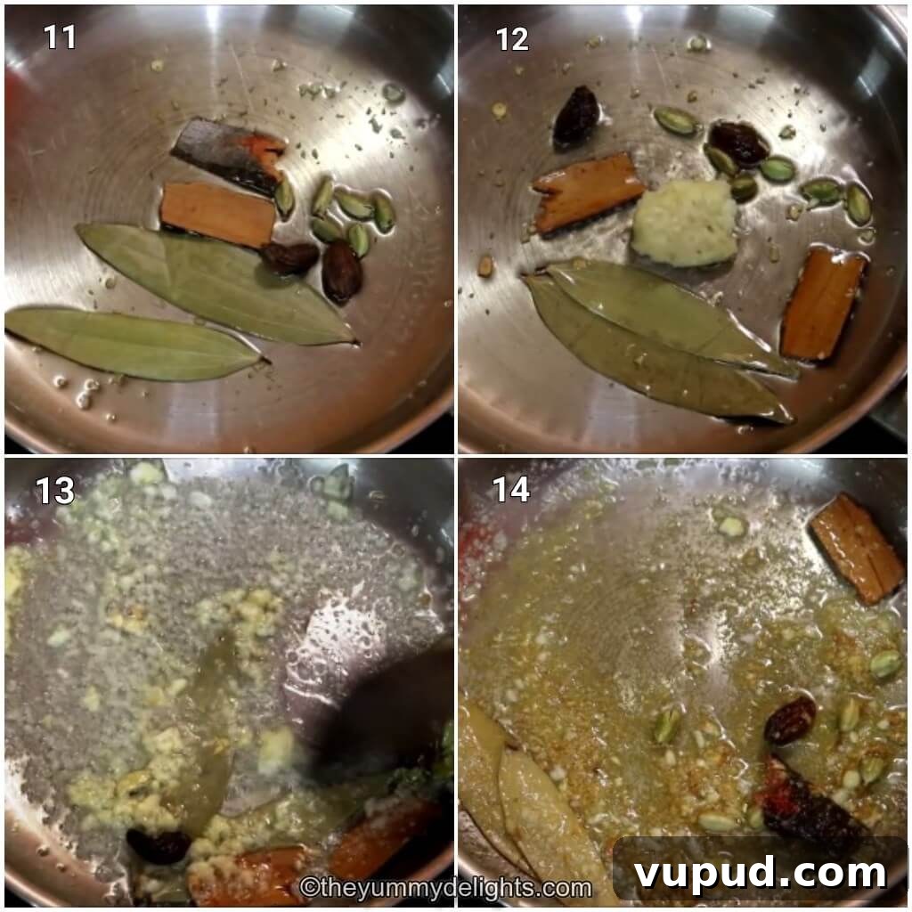 Dishoom’s Chicken Ruby Recipe: Rich Bombay-Style Chicken Curry 7 Collage image of 4 steps showing how to make makhani sauce for making dishoom's chicken ruby. It shows sauteing of whole spices, ginger and garlic to make ruby curry.