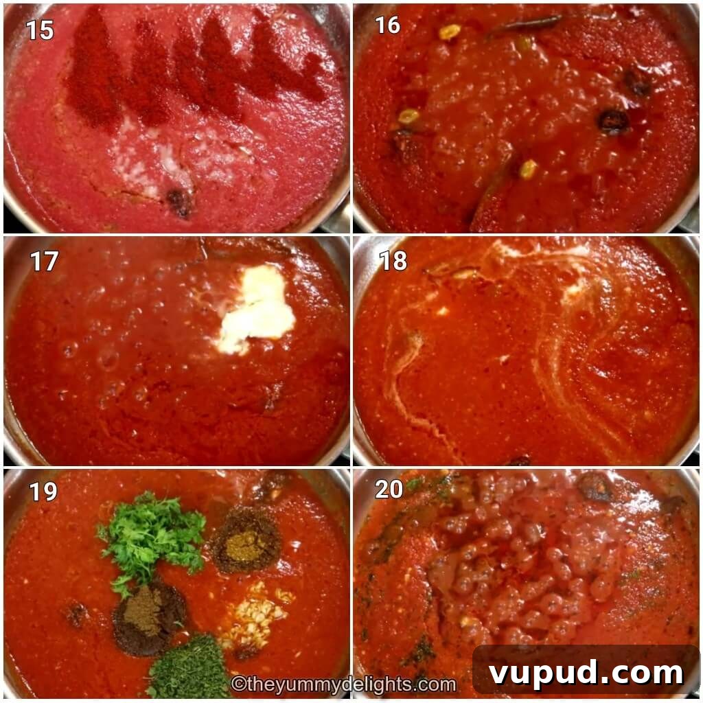 Dishoom’s Chicken Ruby Recipe: Rich Bombay-Style Chicken Curry 8 Collage image of 6 steps showing how to make dishoom's ruby chicken curry. It shows addition of tomatoes, chili powder and salt and cooking it. It also shows addition of butter, fried garlic, kasuri methi, garam masala and dill fronds.