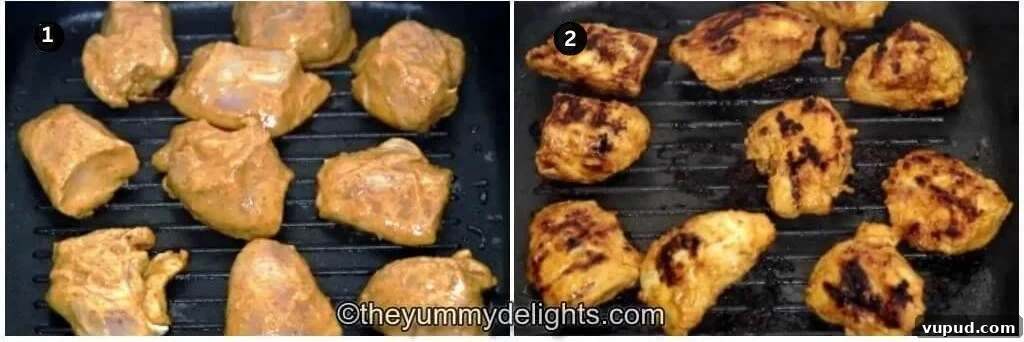 Dishoom’s Chicken Ruby Recipe: Rich Bombay-Style Chicken Curry 9 collage image of 2 steps showing grilling the chicken to make dishoom's chicken ruby curry recipe.