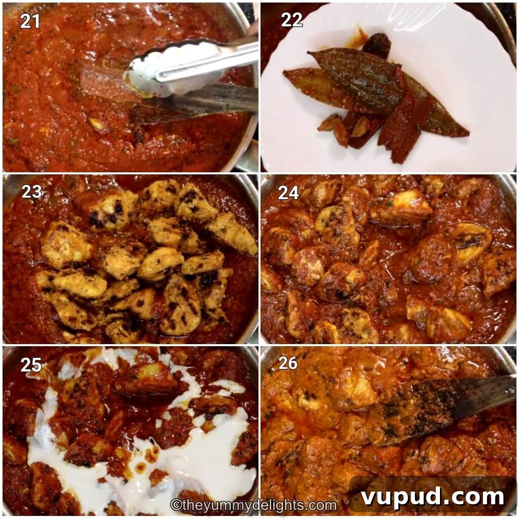 Dishoom’s Chicken Ruby Recipe: Rich Bombay-Style Chicken Curry 10 Collage image of 6 steps showing making dishooms chicken ruby recipe. It shows removing the whole spices from the curry, addition of grilled chicken and cream and cooking it.