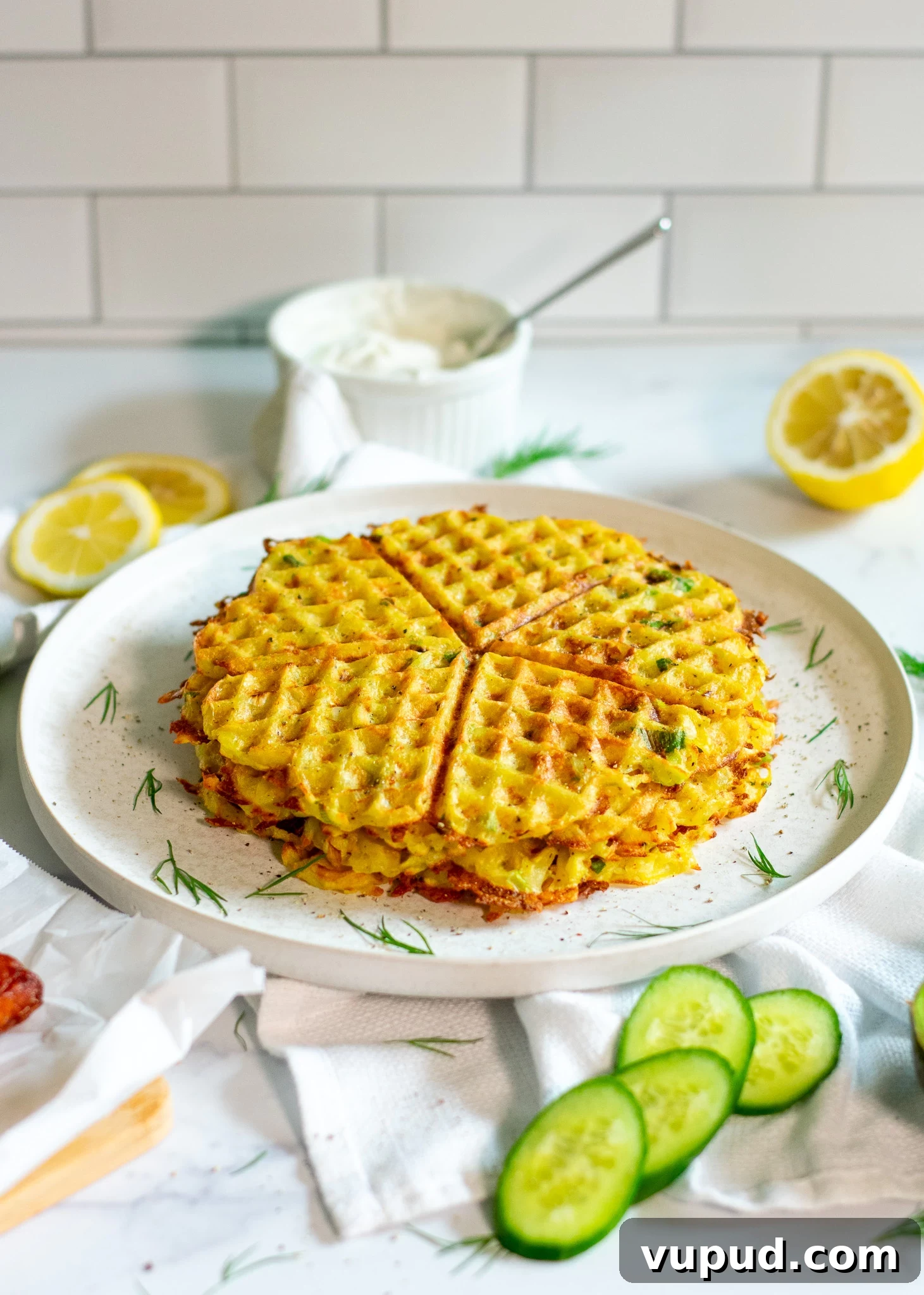 Potato waffles in a stack.