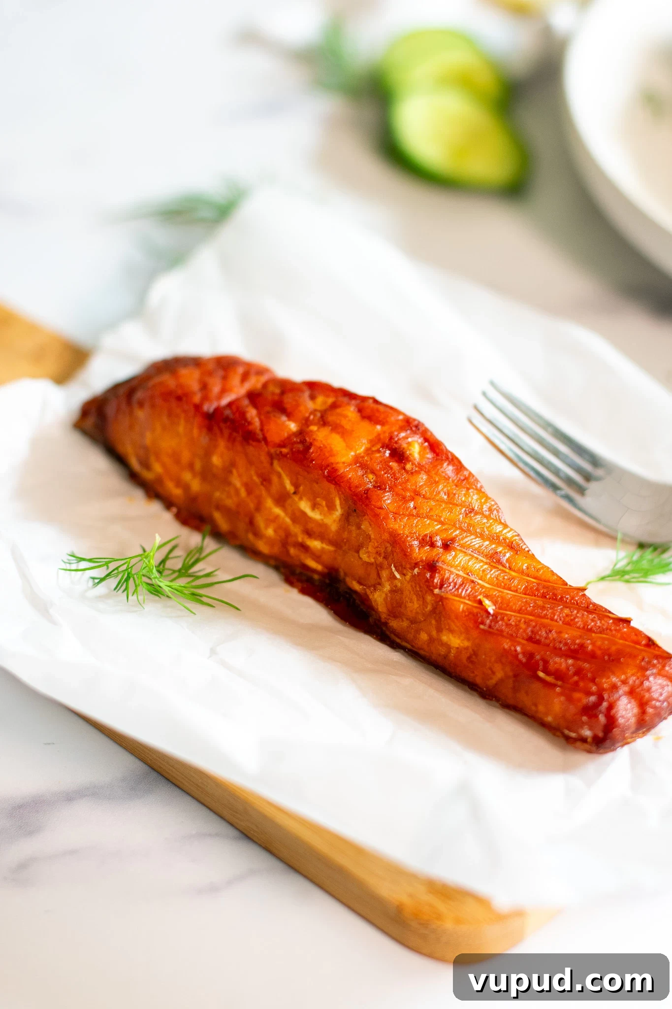 A piece of hot smoked salmon.