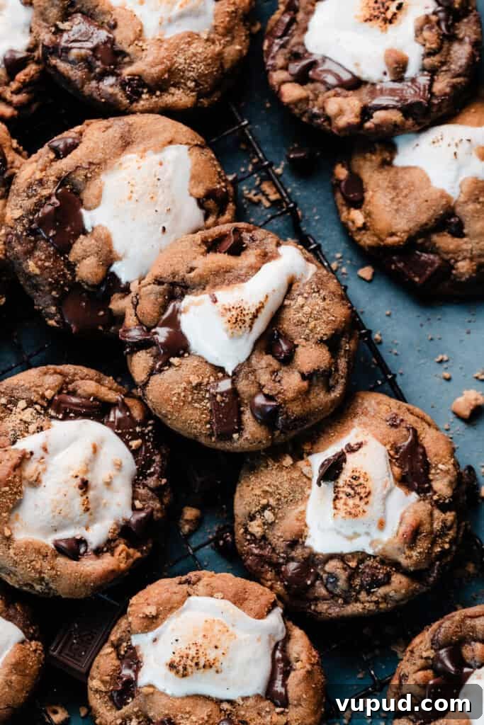 S'mores Cookies with Gooey Marshmallow Centers 2 Marshmallow stuffed s'mores chocolate chip cookies on a wire rack, on a blue background.