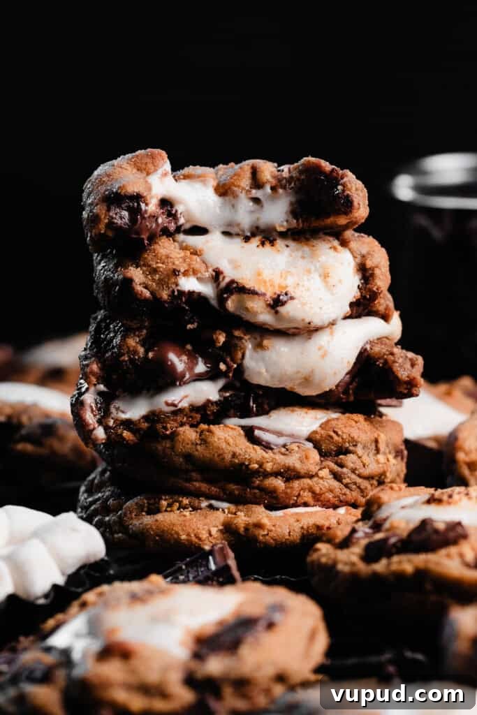 S'mores Cookies with Gooey Marshmallow Centers 3 A tall stack of s'mores cookie halves, with gooey marshmallow centers oozing out.