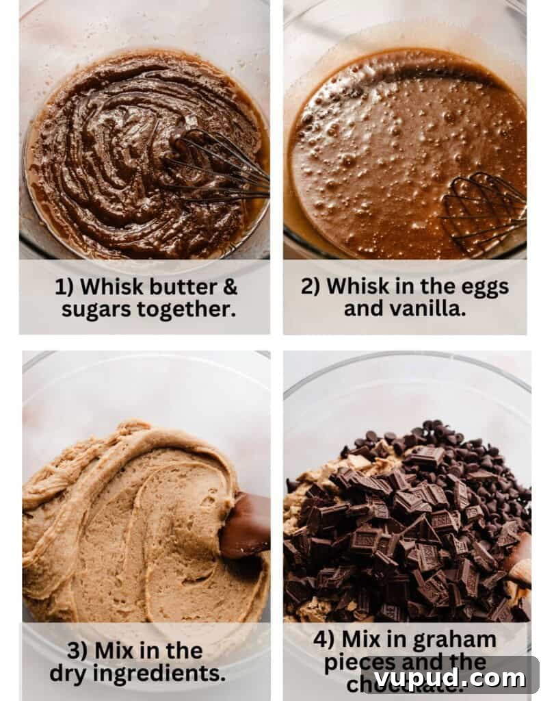 S'mores Cookies with Gooey Marshmallow Centers 4 A collage of four images showing the cookie dough coming together.