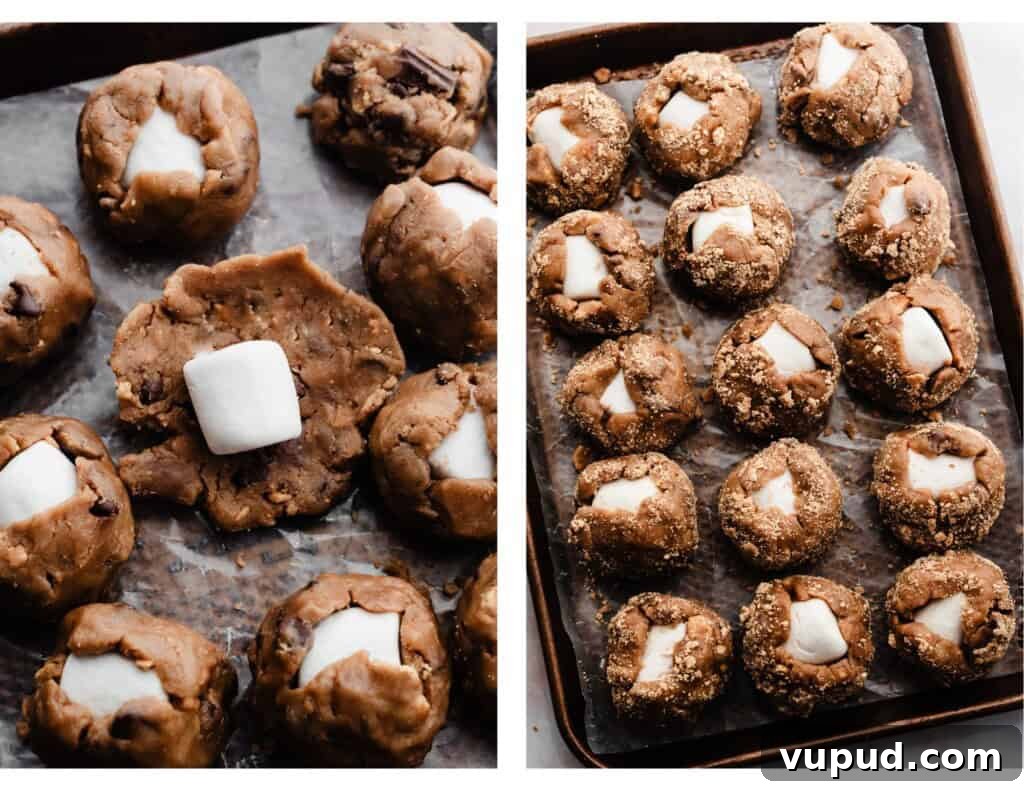 S'mores Cookies with Gooey Marshmallow Centers 5 Two side-by-side images showing the cookies being stuffed with marshmallows and rolled in graham crumbs.