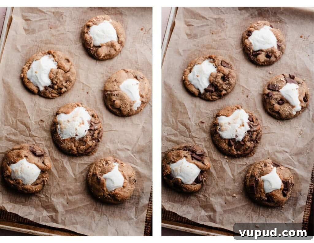 S'mores Cookies with Gooey Marshmallow Centers 6 Two images showing the baked cookies and the baked cookies after being scooted.