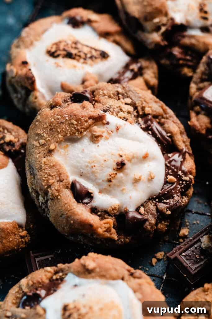 S'mores Cookies with Gooey Marshmallow Centers 7 A close-up on a s'mores cookie stuffed with a gooey marshmallow.