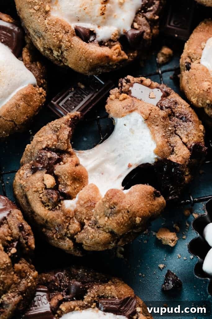 S'mores Cookies with Gooey Marshmallow Centers 8 A s'moreso cookie being pulled apart, with the gooey marshmallow stretching as the cookie breaks.