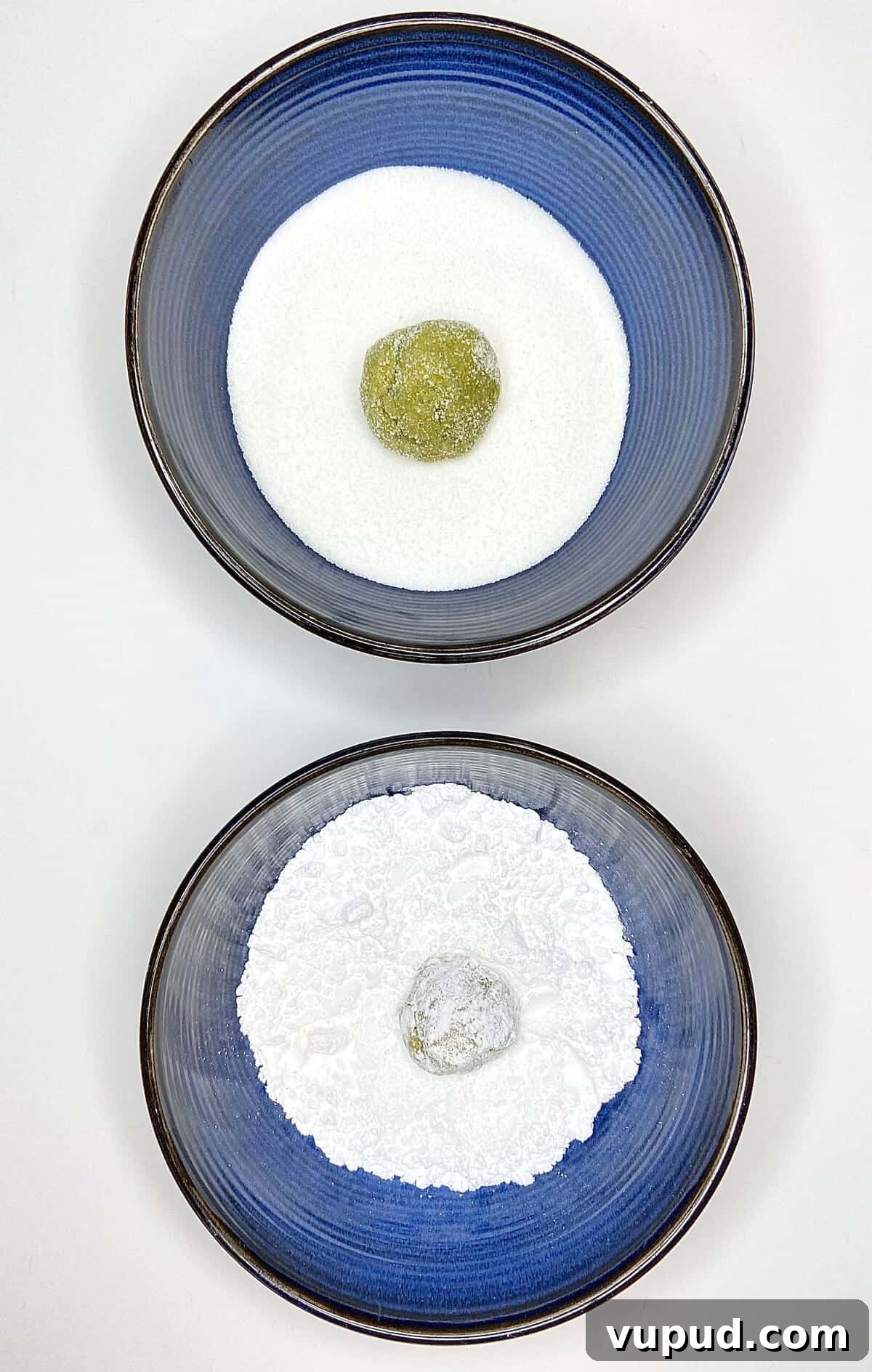 Matcha Crinkle Cookies Recipe: Soft, Chewy Green Tea Cookies 8 Cookies rolled into a ball, then rolled in sugars.