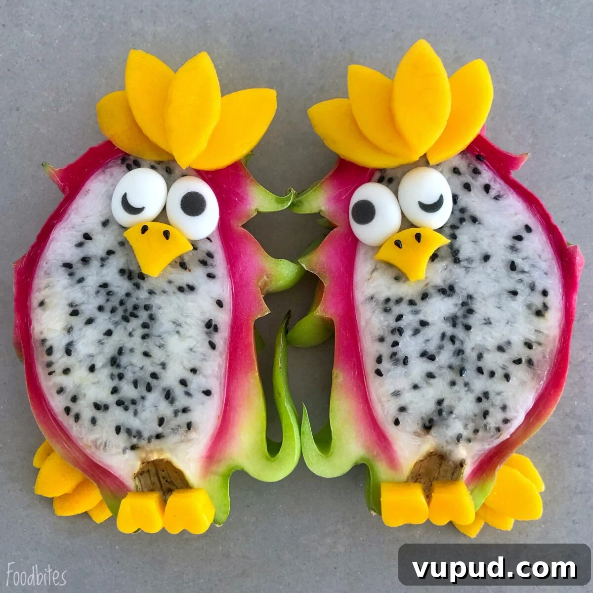 Parrot-Inspired Dragon Fruit Snacks: Tropical Treats for Birds 2 Two dragon fruit halves decorated with mango and other fruit pieces to resemble parrots.