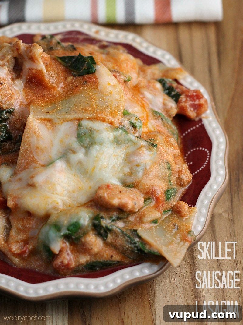 This shortcut lasagna recipe is loaded with tomatoes, ground sausage, spinach, and noodles, all under a blanket of melted cheese. It's ready in under 30 minutes for a great weeknight dinner!
