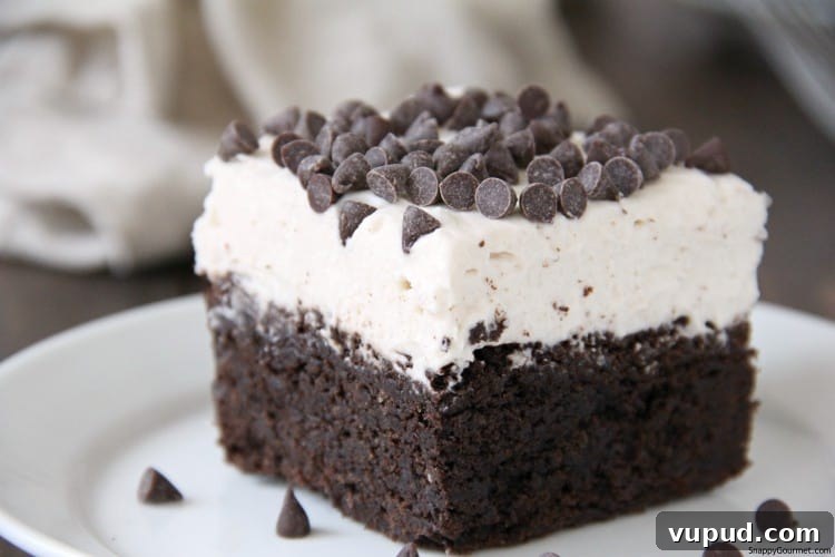Cannoli Brownies - chocolate brownie recipe with Italian inspired frosting Cannoli Brownie with frosting and chocolate chips on plate