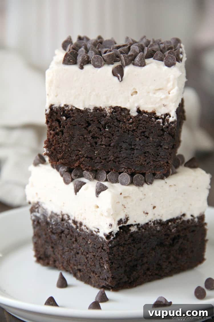 Cannoli Brownies - delicious chocolate brownie recipe with Cannoli Frosting two Cannoli Brownies with frosting and chocolate chips on plate
