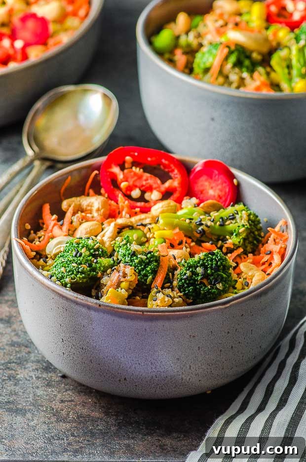 Veggie-Packed Quinoa Fried Rice Recipe for Flavorful Meals 7 side view of a veggie loaded quinoa fried rice