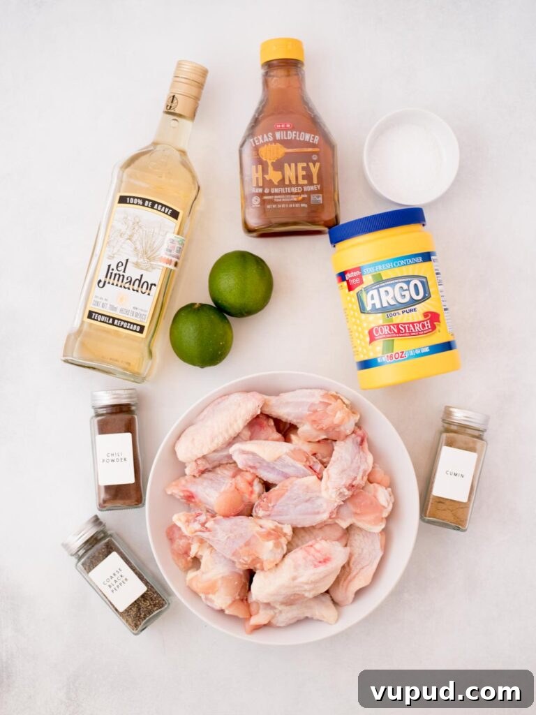 Tequila-Lime Chicken Wings: Zesty Grilled Wing Recipe 3 Ingredients shown that are used to prepare baked tequila lime chicken wings.