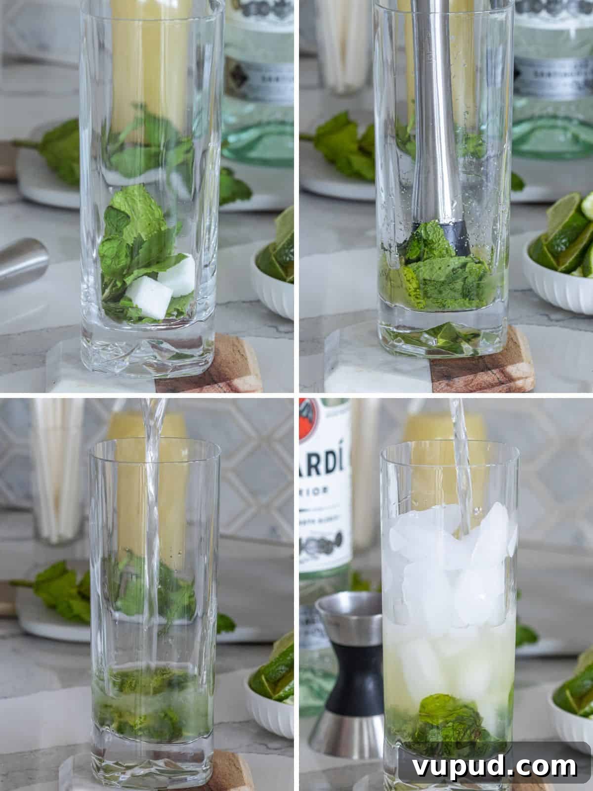 Mint Mojito Bar Ideas for Parties: DIY Setup & Refreshing Recipes 6 Muddling a mojito in a highball glass.