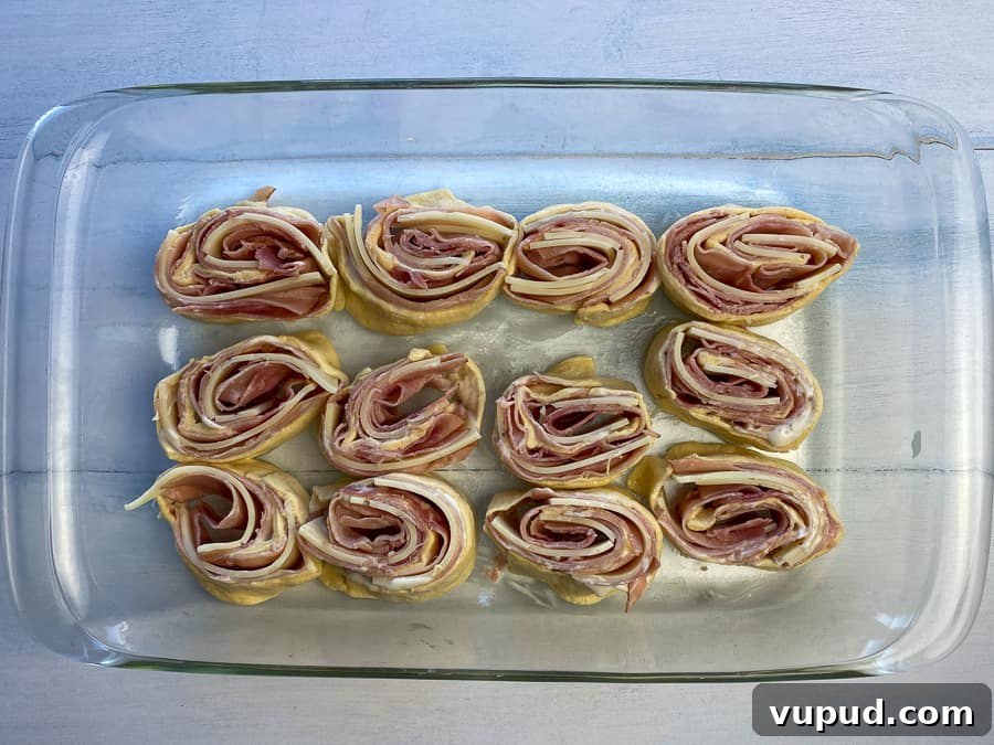 Quick Ham and Cheese Roll-Ups: 4-Ingredient Party Snack 12 Ham and cheese roll-up slices on their side in a 9 x 13 baking dish