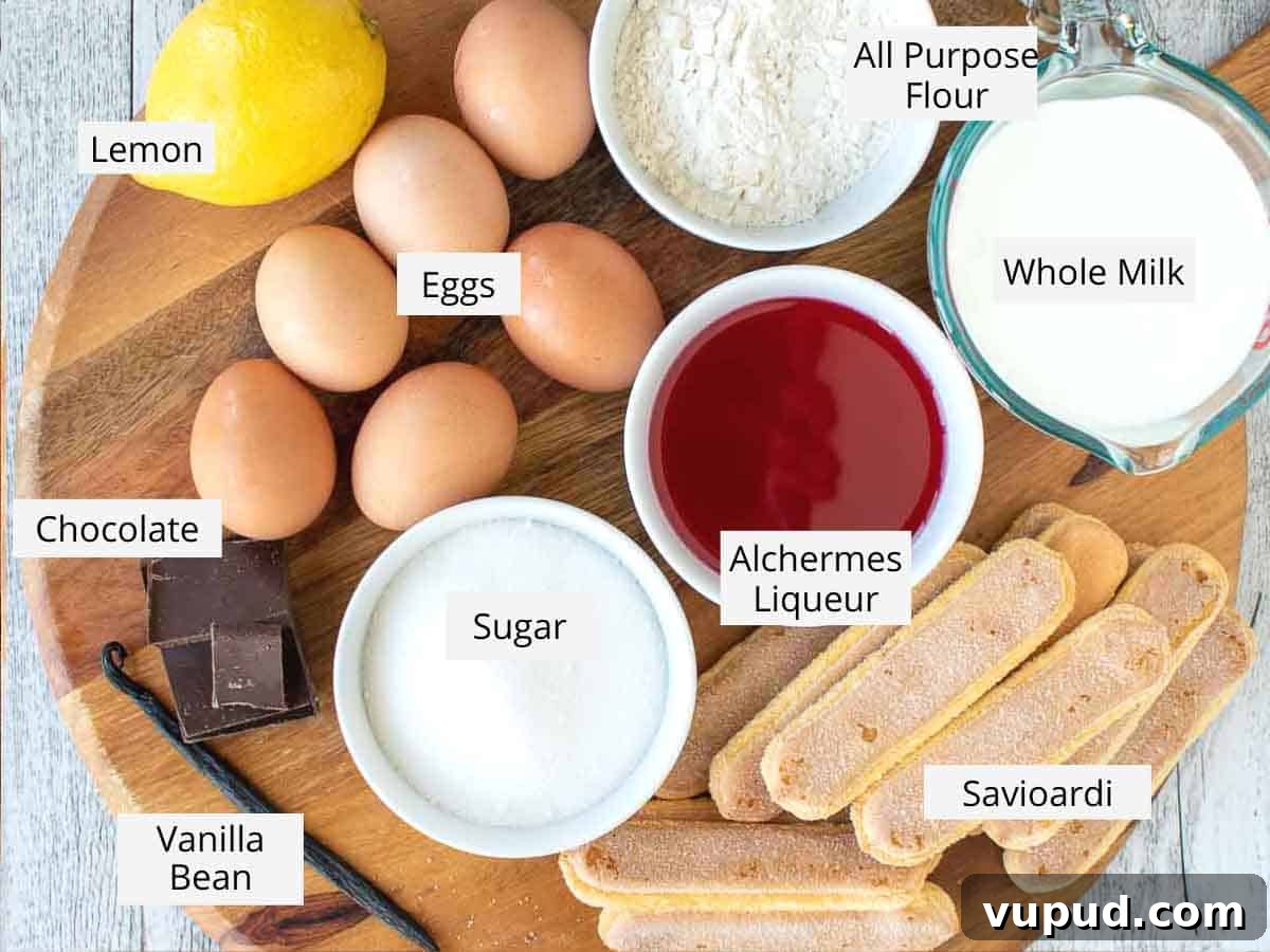 Classic Zuppa Inglese Recipe: Layered Italian Custard Dessert 3 Ingredients for this recipe as listed in the recipe card viewed from above.