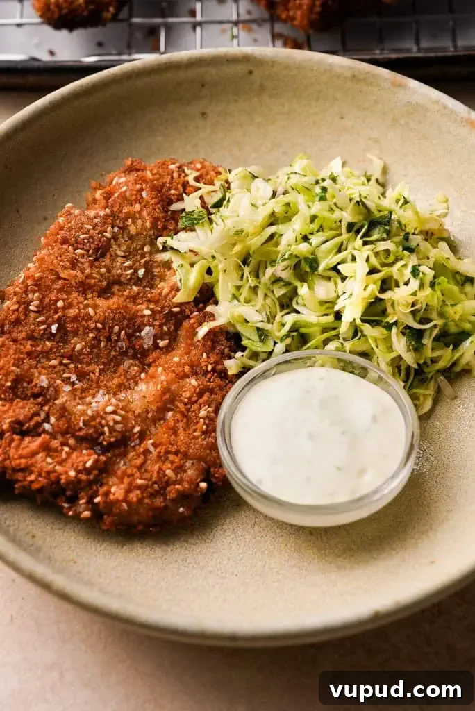 whisper of yum chicken schnitzel Crispy chicken schnitzel served with cabbage slaw and a small bowl of creamy dipping sauce.