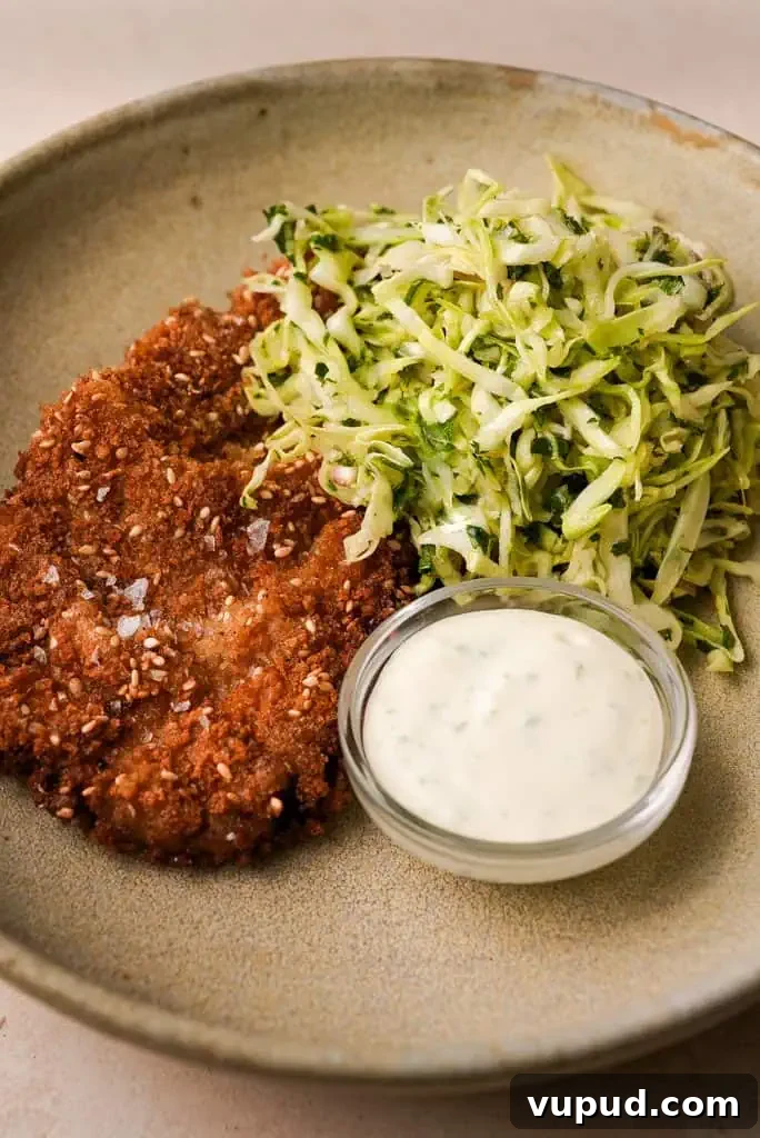 what to serve with Chicken schnitzel Chicken schnitzel plated with cabbage slaw and a side of creamy dipping sauce.