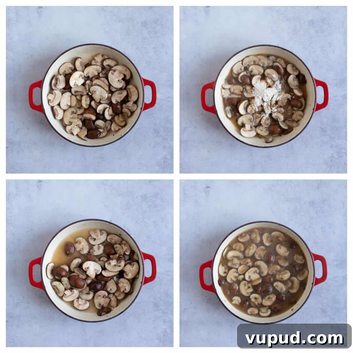 Turkey and mushroom fricassee in a pan.