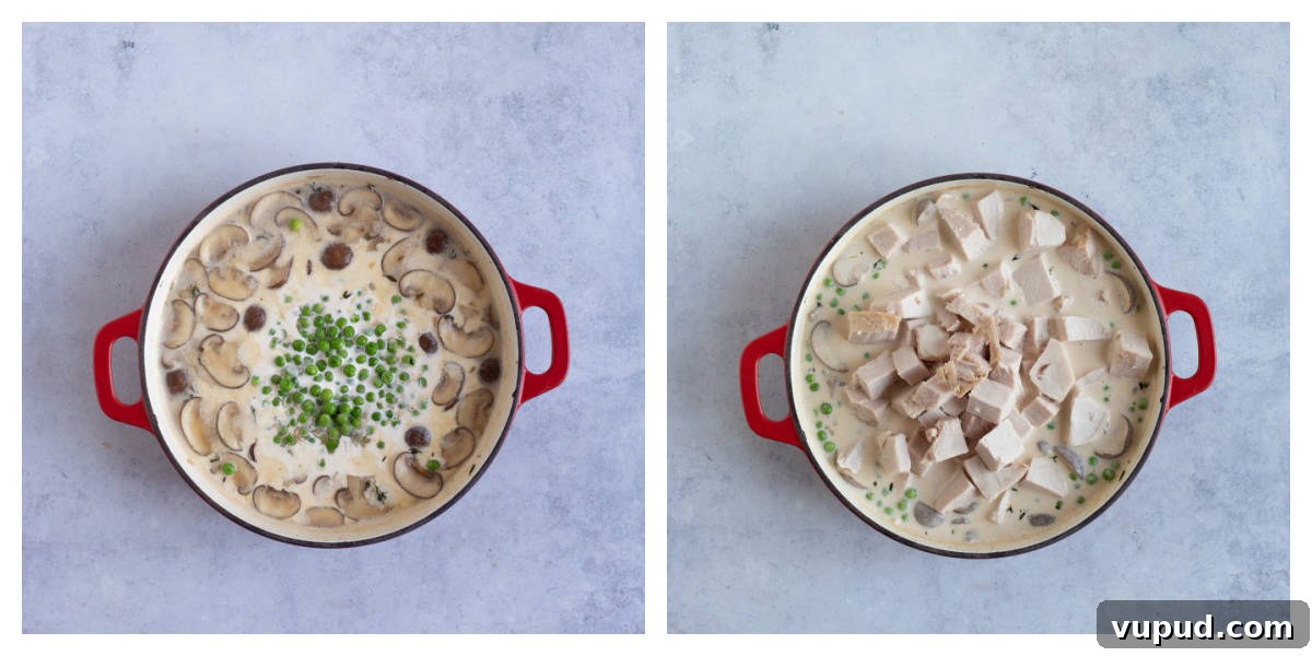 Turkey fricassee in a red pan.