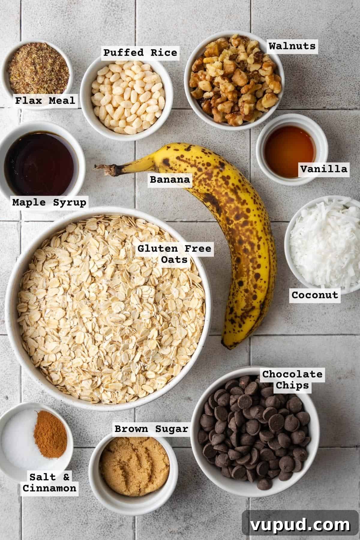 Homemade Chocolate Banana Granola Recipe for Crunchy Breakfast 3 Ingredients for chocolate banana granola on a tile table.