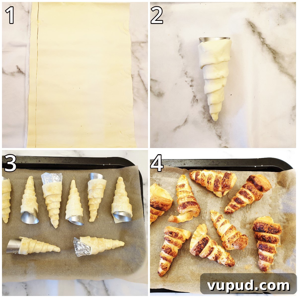 Steps for forming the puff pastry horns. Steps for forming the puff pastry horns.