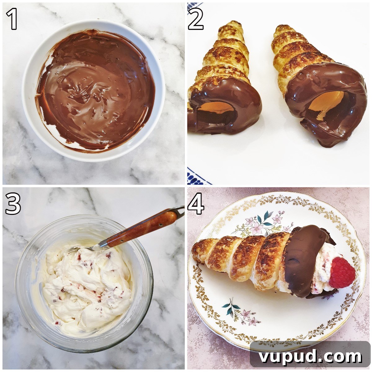 Steps for assembling the cream horns. Steps for assembling the cream horns.