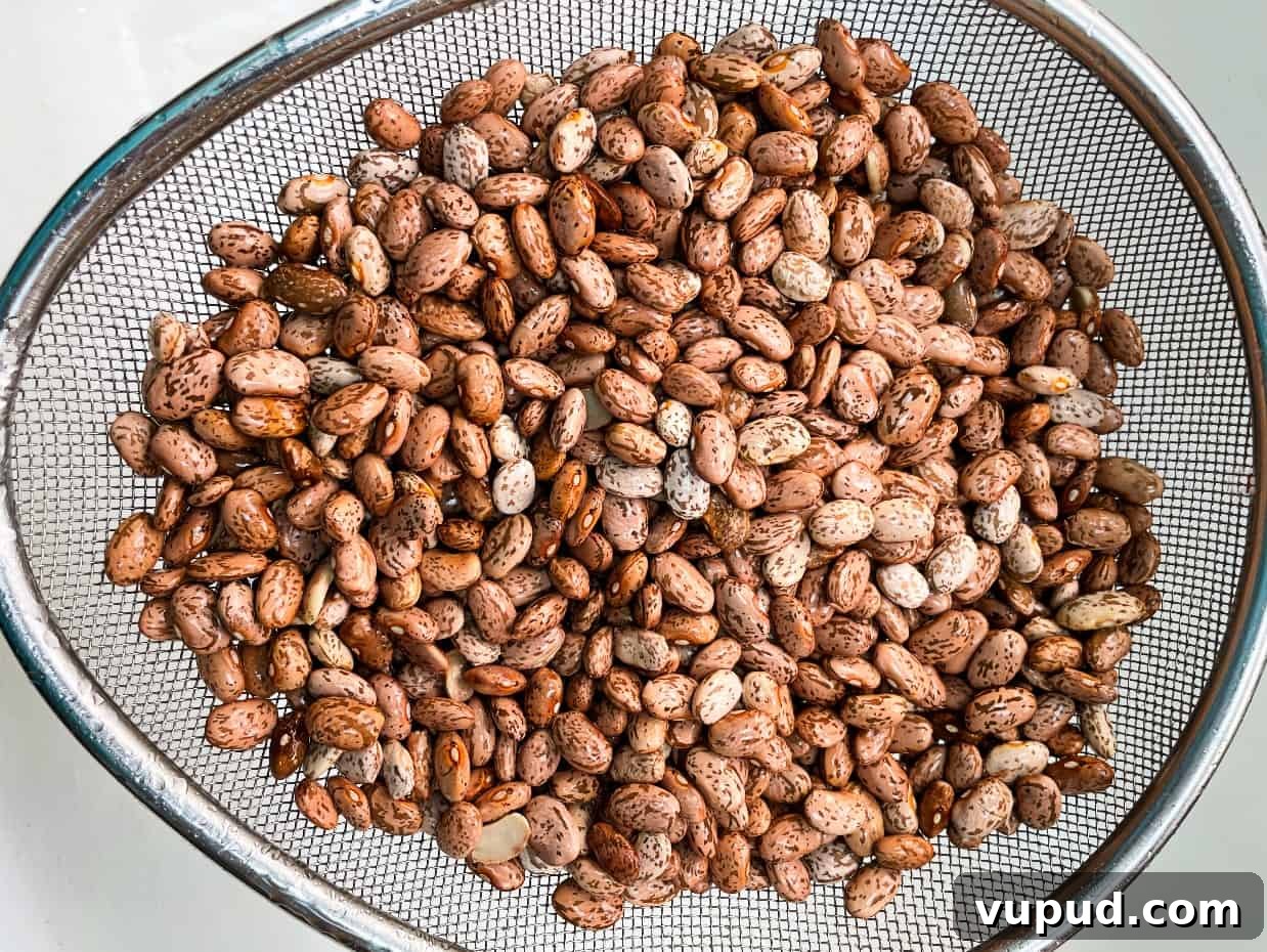 Authentic Mexican-Style Beans in the Instant Pot: Flavorful & Fast 3 rinsed pinto beans in a strainer.