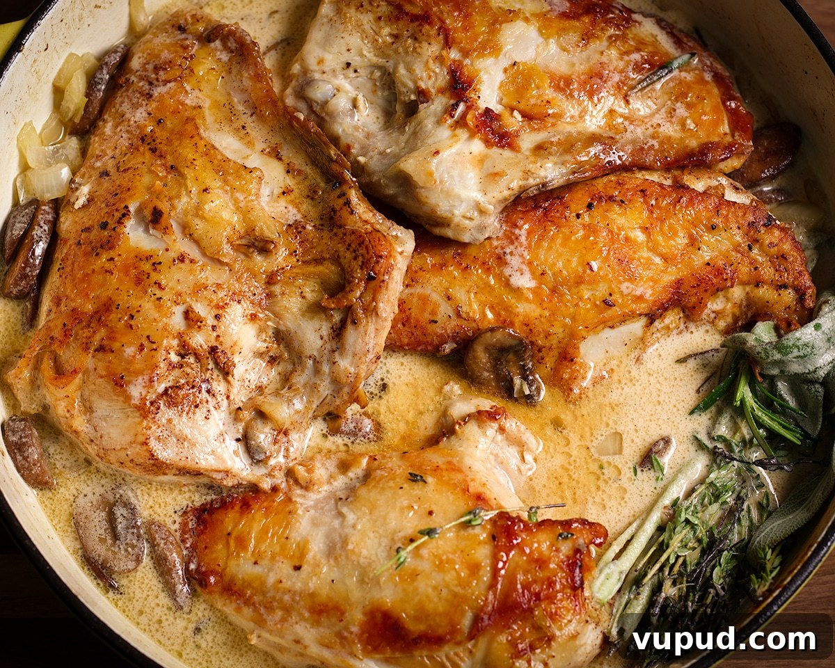 Chicken, Apples & Mushrooms in Cider Cream Sauce 10 A pan filled with chicken in cider cream sauce.