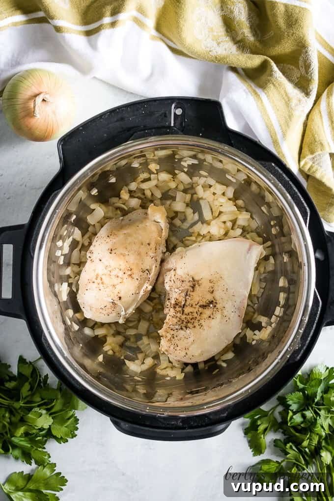 Instant Pot Ranch Chicken & Rice Casserole Recipe 3 Aerial view of the chicken breast browning in the pressure cooker.