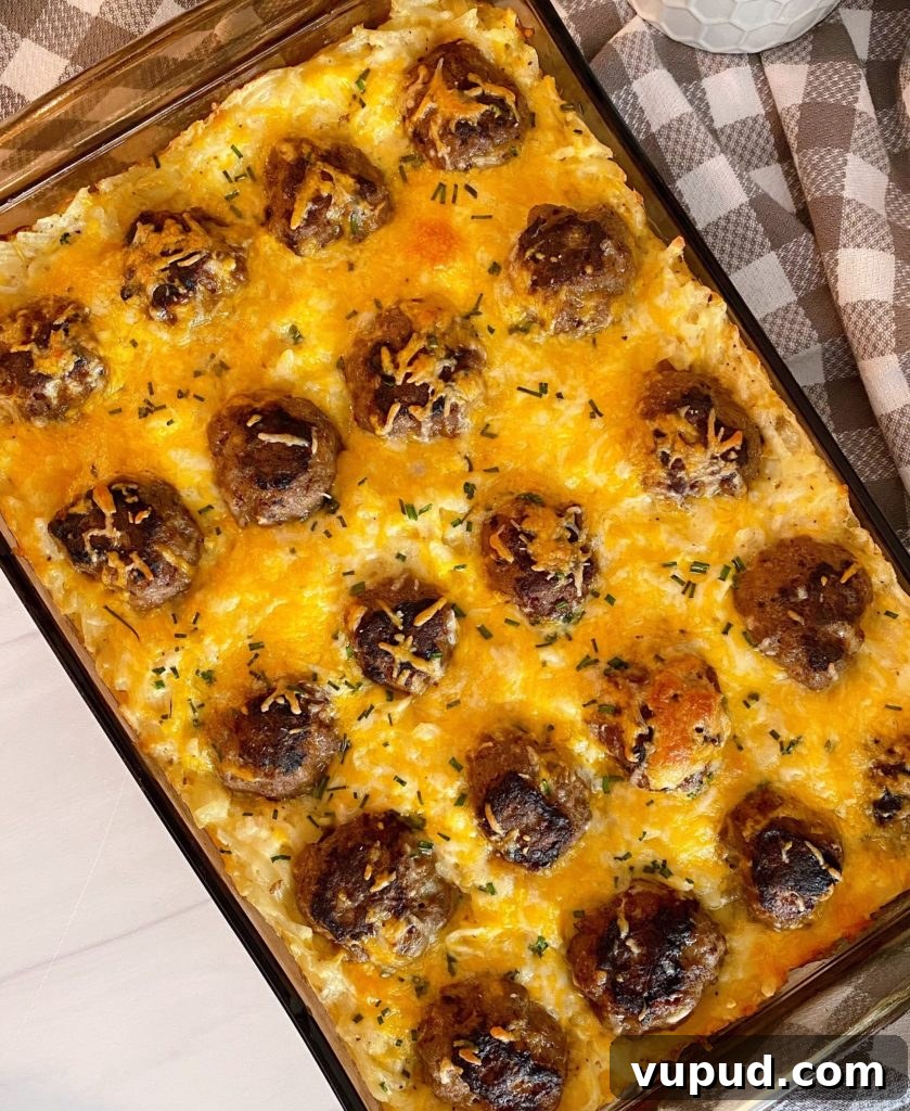Cheesy Meatball and Hash Brown Casserole Recipe 9 Top view of Meatball Hash Brown Bake.