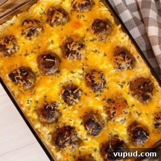 Cheesy Meatball and Hash Brown Casserole Recipe 12 Top view of Meatball Hash Brown Bake.