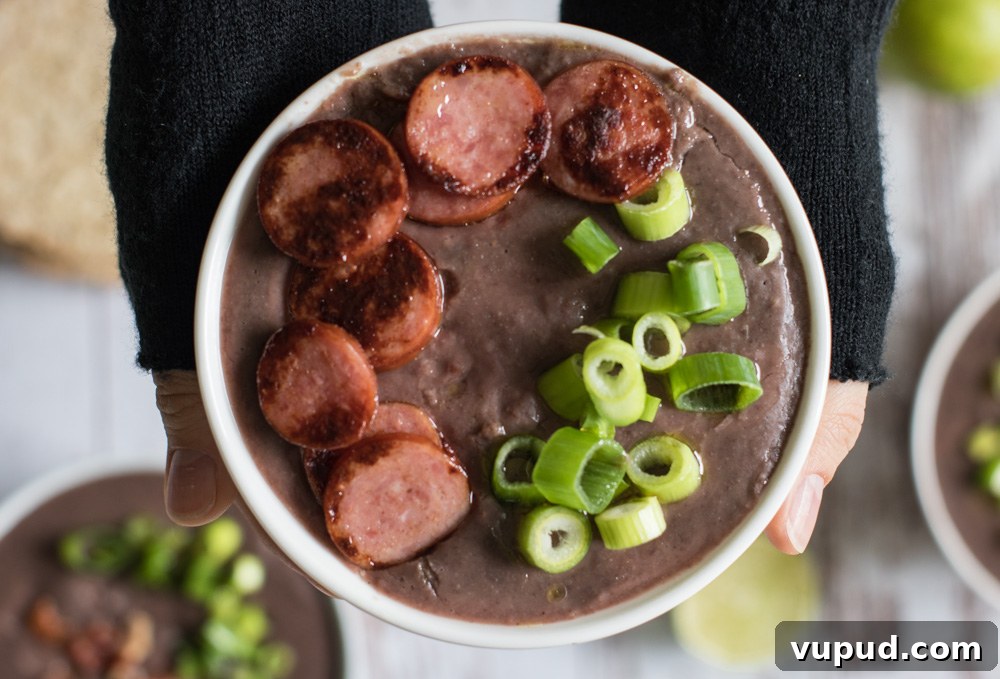 A bowl of bacon black bean soup.