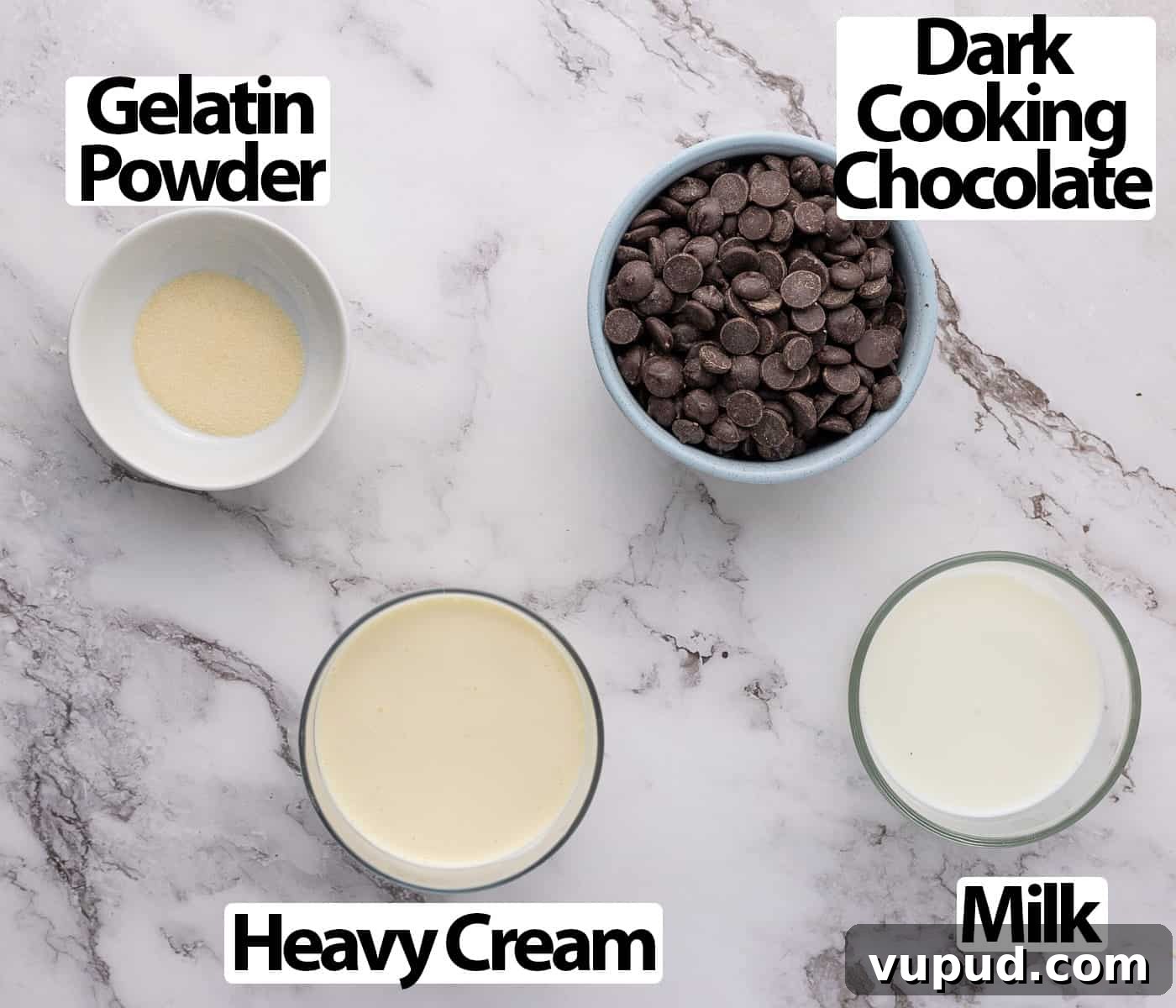 Namelaka: Silky Chocolate Cream Ganache Recipe and Guide 3 Ingredients over a light grey marble surface.