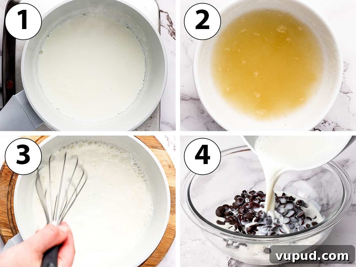 Namelaka: Silky Chocolate Cream Ganache Recipe and Guide 4 Process Shot Collage: mixing the hot milk and gelatin mixture and pouring it over the chocolate.
