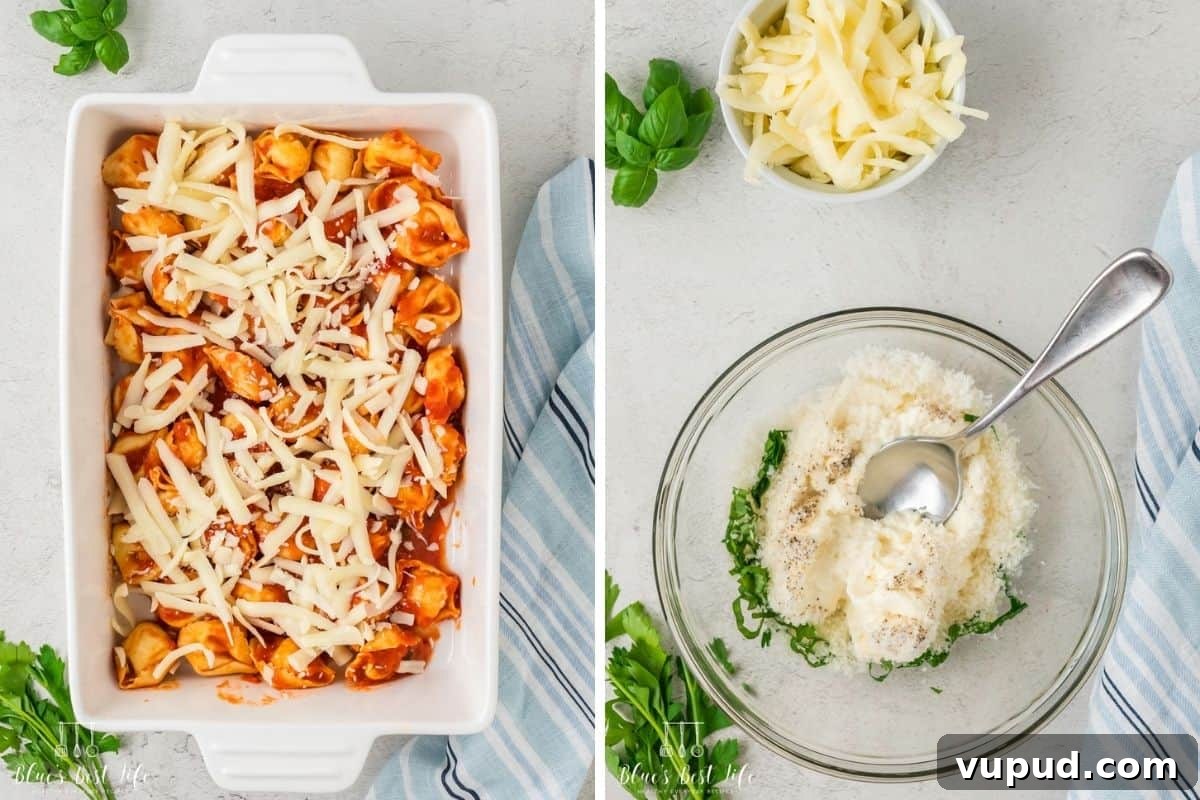 Cheesy Tortellini Casserole Bake with Garlic Parmesan Crust 4 Sprinkling mozzarella and mixing the ricotta and parmesan.