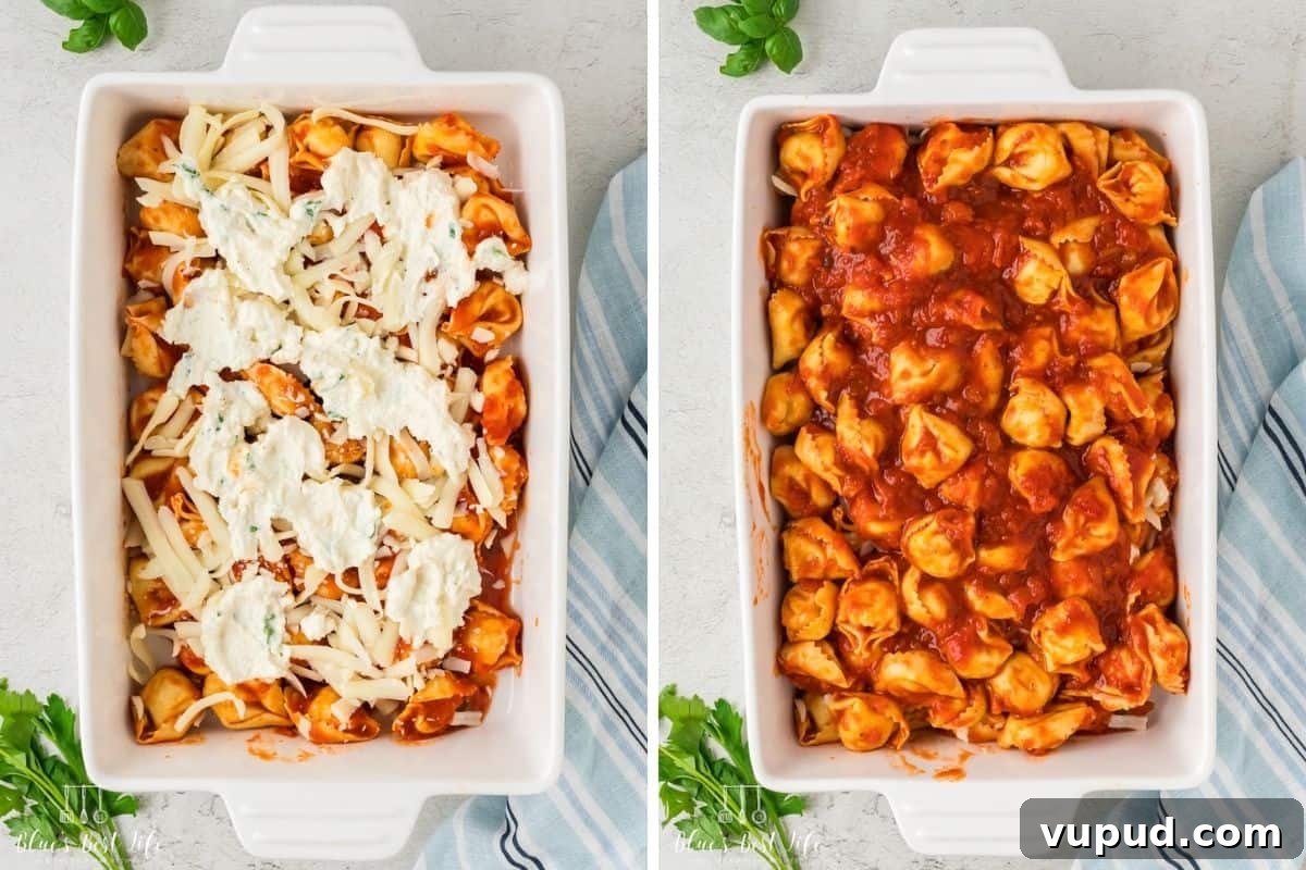 Cheesy Tortellini Casserole Bake with Garlic Parmesan Crust 5 Adding a layer of ricotta then the next layer of tortellini.
