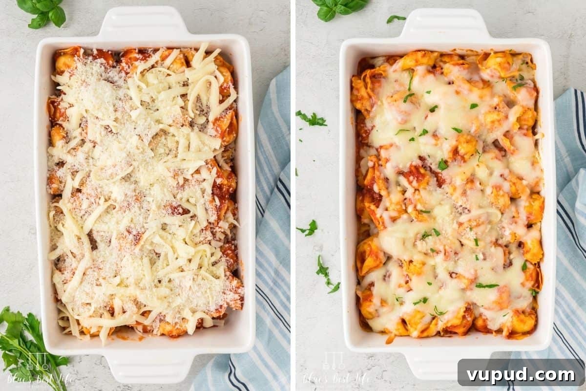 Cheesy Tortellini Casserole Bake with Garlic Parmesan Crust 6 Covering the casserole with cheese and the casserole baked in the oven.