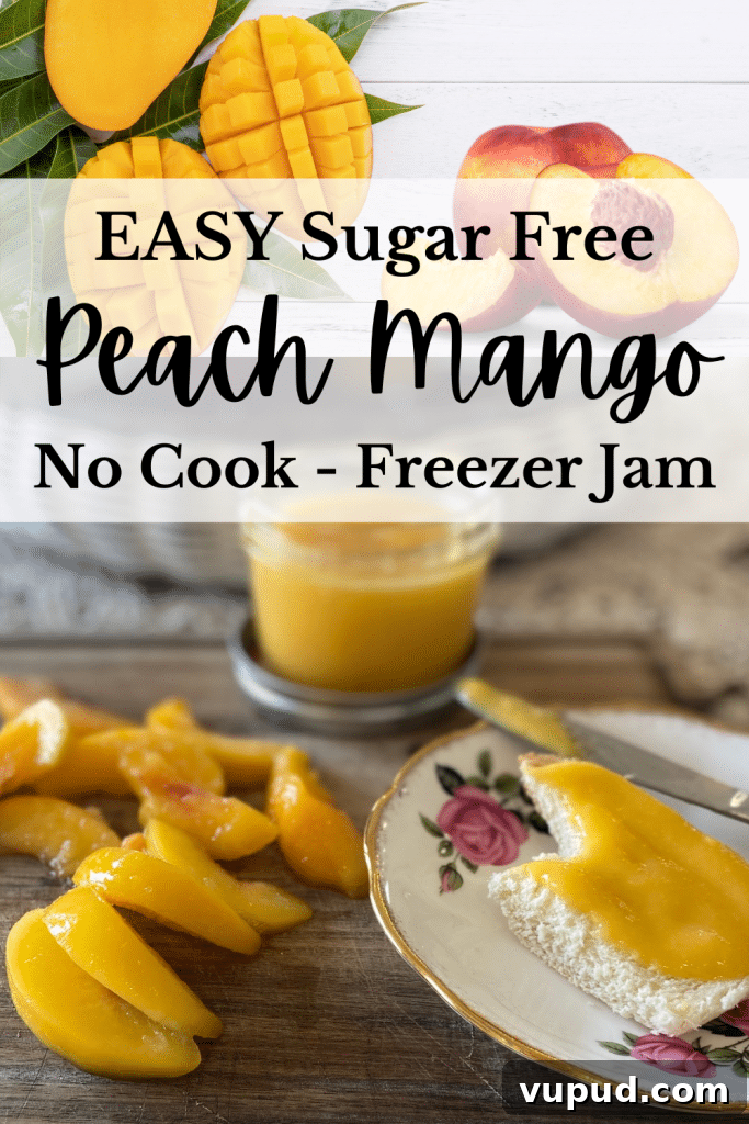Peach Mango Freezer Jam Without Added Sugar: Simple Recipe 4 peach slices jam on bread text