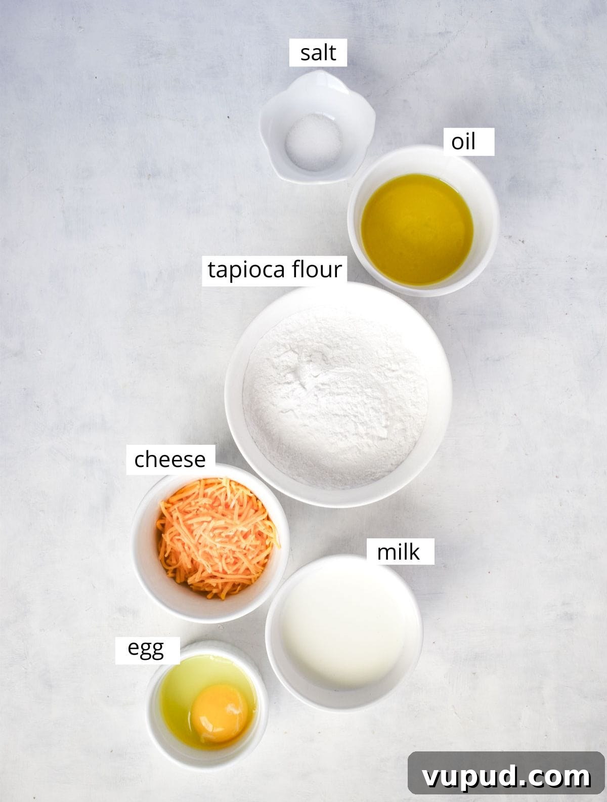 Fogo de Chão Pão de Queijo Recipe: How to Make Authentic Cheese Bread 4 ingredients for recipe laid out.