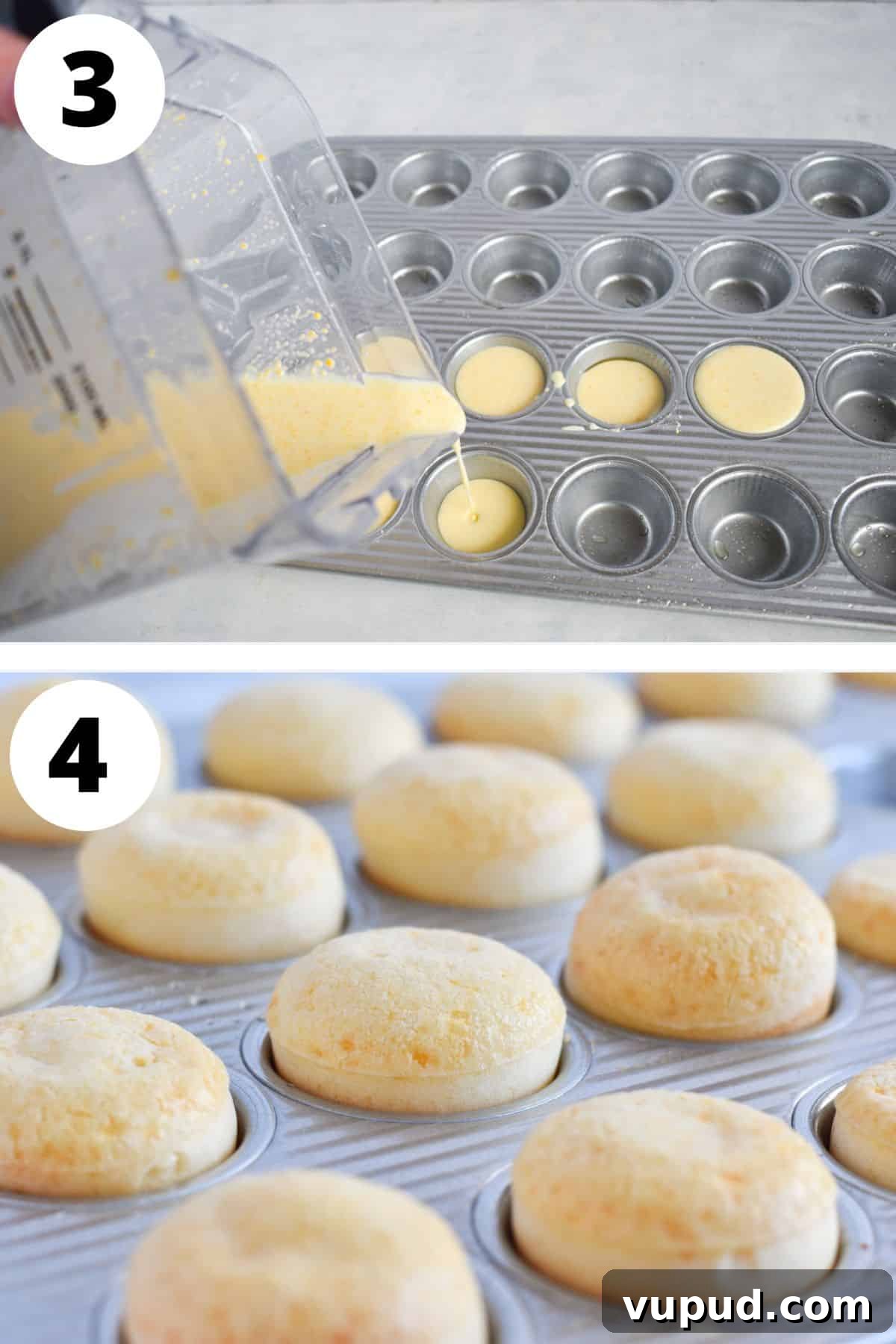 Fogo de Chão Pão de Queijo Recipe: How to Make Authentic Cheese Bread 6 pao de queijo batter being poured into muffin pan and baked.